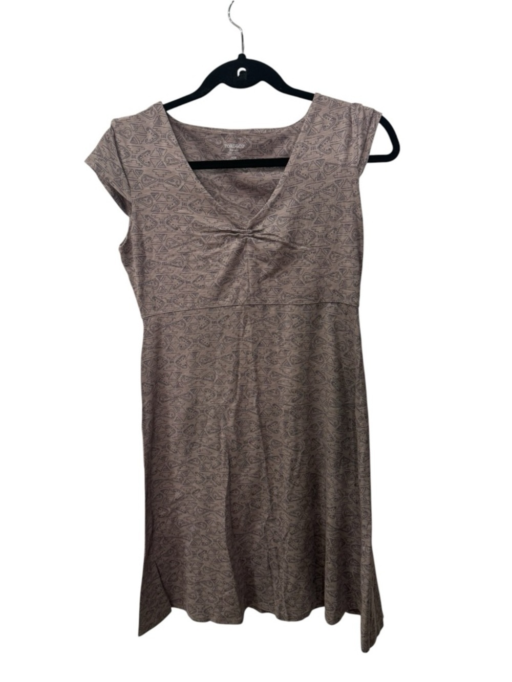 Toad&Co Rosemarie dress in a taupe or cocoa geometric print women’s size S